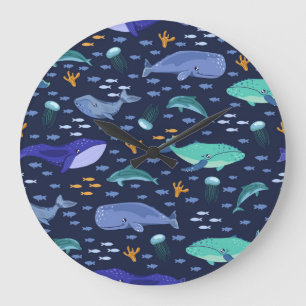 Sea creatures: whales, jellyfish pattern. large clock