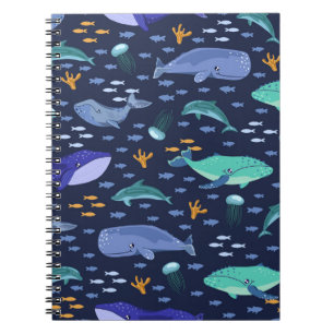 Sea creatures: whales, jellyfish pattern. notebook