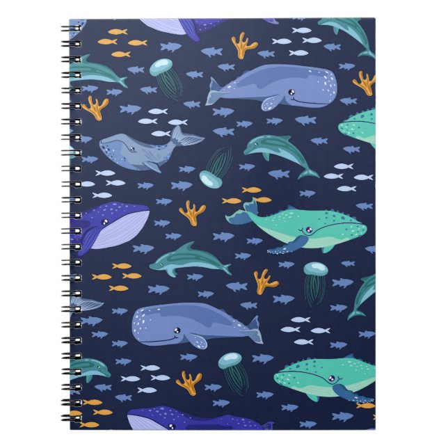 Sea creatures: whales, jellyfish pattern. notebook (Front)