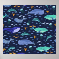 Sea creatures: whales, jellyfish pattern.