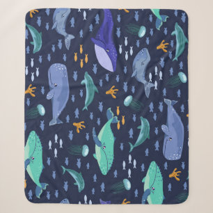 Sea creatures: whales, jellyfish pattern. sherpa blanket