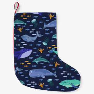 Sea creatures: whales, jellyfish pattern. small christmas stocking