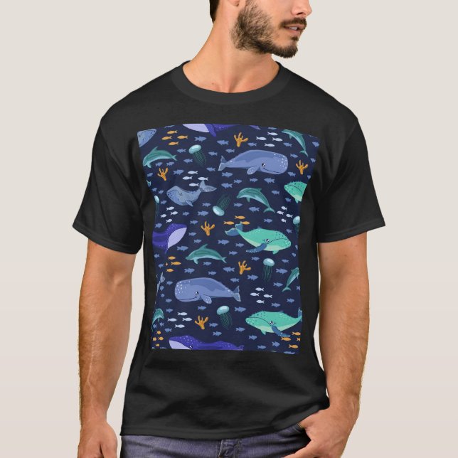 Sea creatures: whales, jellyfish pattern. T-Shirt (Front)