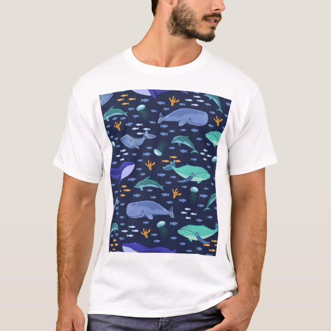 Sea creatures: whales, jellyfish pattern. T-Shirt (Front)