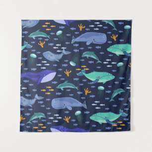 Sea creatures: whales, jellyfish pattern. tapestry