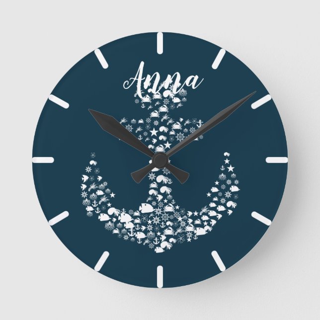 Sea Critters Anchor Nautical / Coastal Round Clock (Front)