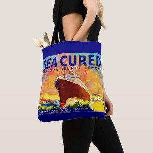 Sea-Cured brand lemons crate label print Tote Bag