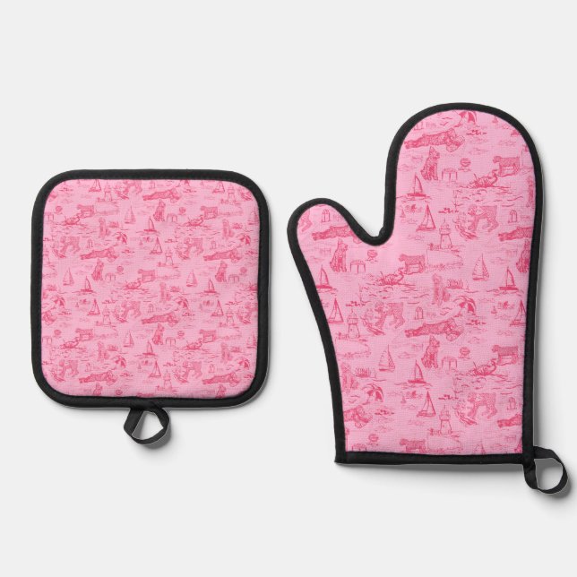 Sea Dog Toile Pink  Oven Mitt & Pot Holder Set (Front)