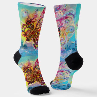 SEA DRAGON AMONG WAVES Fantasy Pink Blue Socks