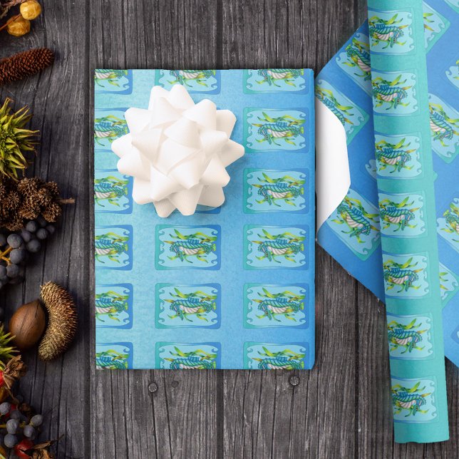 Sea Dragon Creature in Seaweed Blue green Frame Wrapping Paper (Fantasy sea creature dragon in seaweed in wavy frames blues and greens gift wrapping paper roll.)