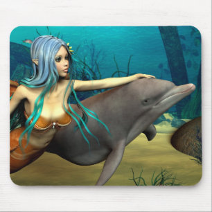 Sea Elf Mermaid and Dolphin Fantasy Art Mouse Pad