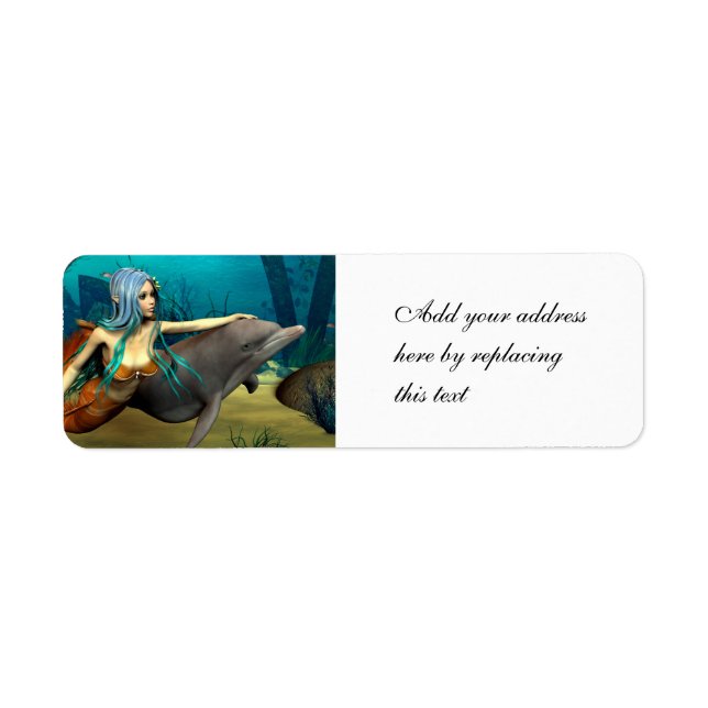 Sea Elf Mermaid and Dolphin Fantasy Art Return Address Label (Front)