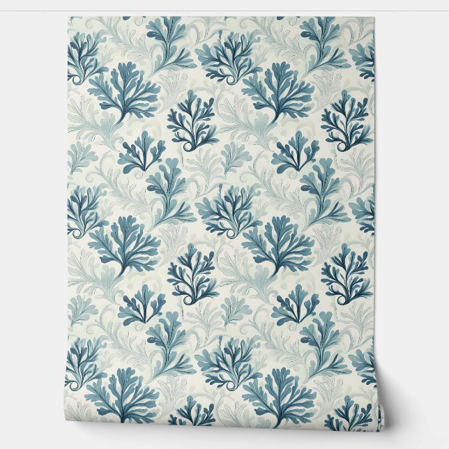 Sea Fern Whispers Petite – Teal, White, Blue Wallpaper (Unrolling)