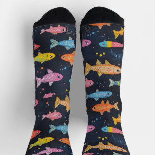 Sea Fish Chalk Drawing Pattern Black Socks