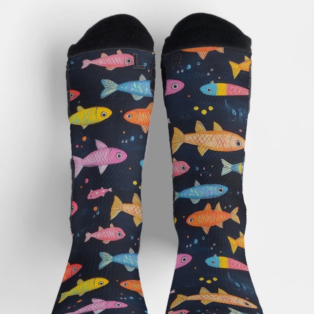 Sea Fish Chalk Drawing Pattern Black Socks (Top)