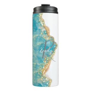 Sea Foam Agate Marble Abstract Name Monogram Thermal Tumbler