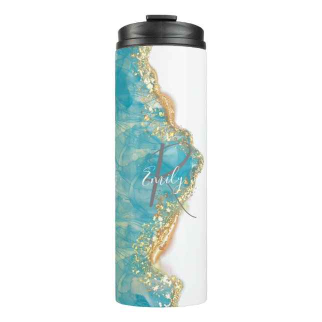 Sea Foam Agate Marble Abstract Name Monogram Thermal Tumbler (Front)