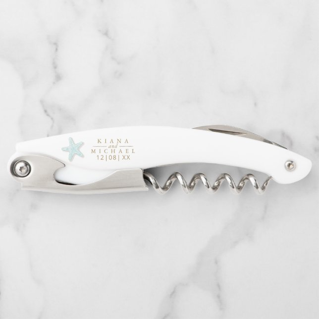 Sea Foam Beach Wedding Starfish ID837 Corkscrew (Front)