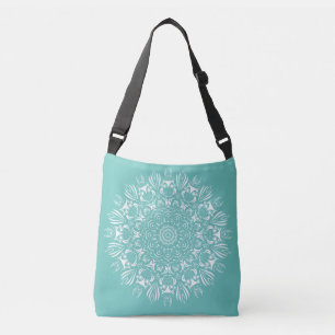 Sea foam blue and white owl mandala crossbody bag