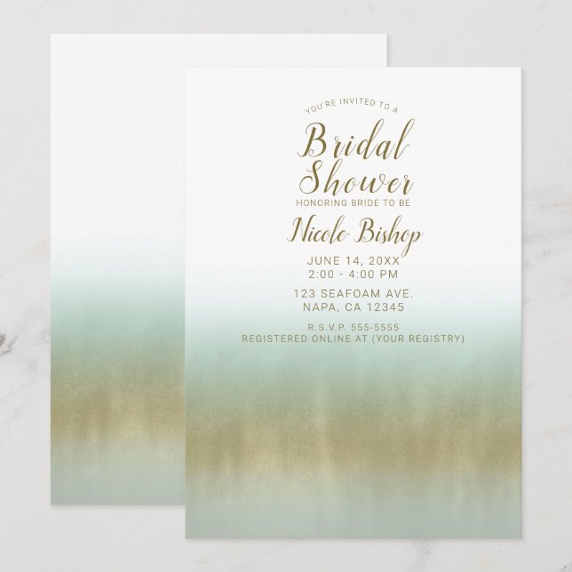 Sea Foam Gold White Elegant Beach Bridal Shower Invitation (Front/Back)