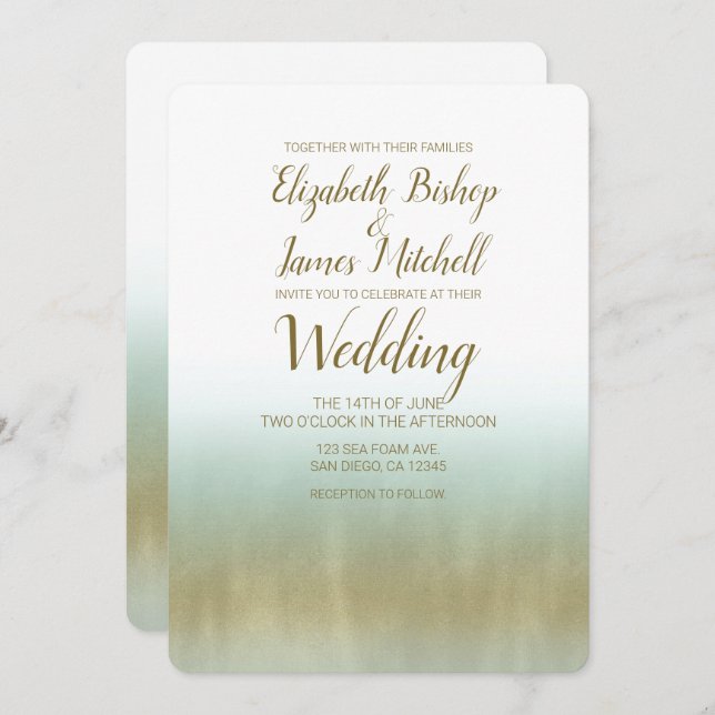 Sea Foam Gold White Elegant Beach Modern Wedding Invitation (Front/Back)