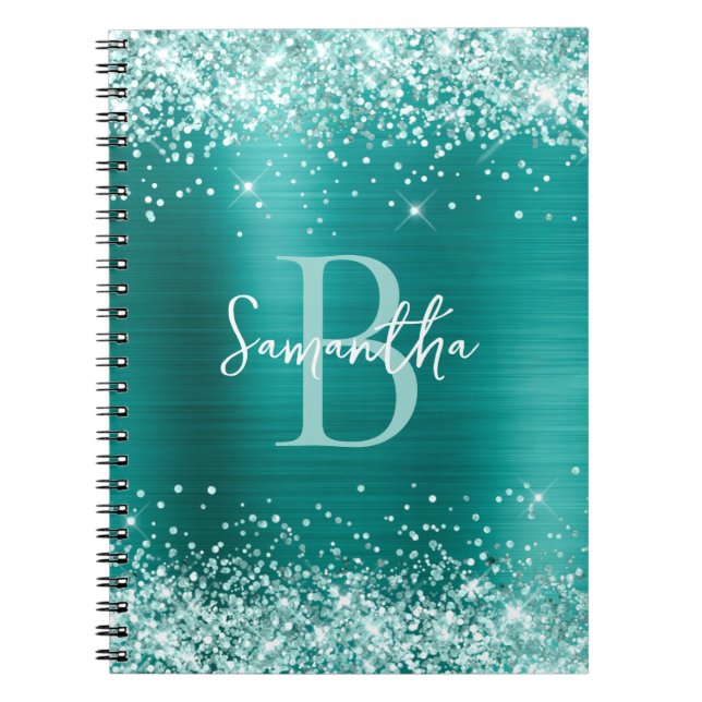 Sea Foam Green Glitter Aqua Teal Foil Monogram Notebook (Front)