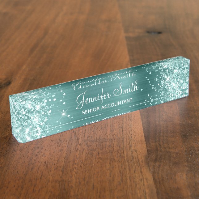 Sea Foam Green Glitter Faux Aqua Teal Foil Nameplate (Side)