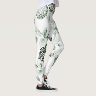 Sea Foam Green Vintage Botanical Floral Toile No.2 Leggings
