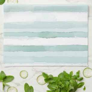 Sea Foam Mint Green White Beach Stripes Tea Towel