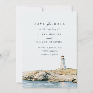Sea Fog Slate Navy Serif Coastal Beacon Wedding Save The Date