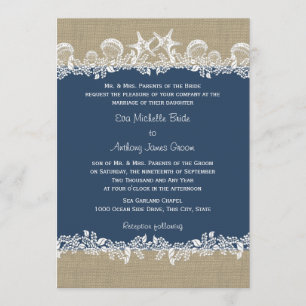 Sea Garland Navy Blue Wedding Invitation