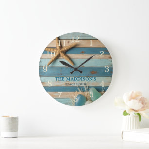 Sea Glass and Beach Wood Nautical - Blue Teal Large Clock