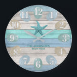 Sea Glass and Beach Wood Nautical - Blue Teal Large Clock<br><div class="desc">Square Wall Clock. Add style to the home. Featuring a soft tan, blue and teal Beach Wood Stripes and nautical design with a starfish and sea glass. ⭐This Product is 100% Customisable. Graphics and / or text can be added, deleted, moved, resized, changed around, rotated, etc... 99% of my designs...</div>