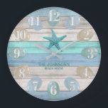Sea Glass and Beach Wood Nautical - Blue Teal Large Clock<br><div class="desc">Square Wall Clock. Add style to the home. Featuring a soft tan, blue and teal Beach Wood Stripes and nautical design with a starfish and sea glass. ⭐This Product is 100% Customisable. Graphics and / or text can be added, deleted, moved, resized, changed around, rotated, etc... 99% of my designs...</div>
