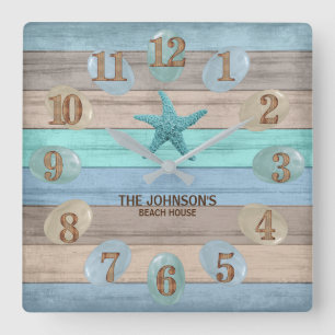 Sea Glass and Beach Wood Nautical Square Wall Clock