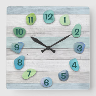 Sea Glass Beach Driftwood Ocean Square Wall Clock