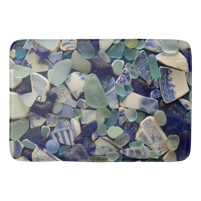 Sea glass, beach glass cobalt blue, green, aqua bath mat (Front)