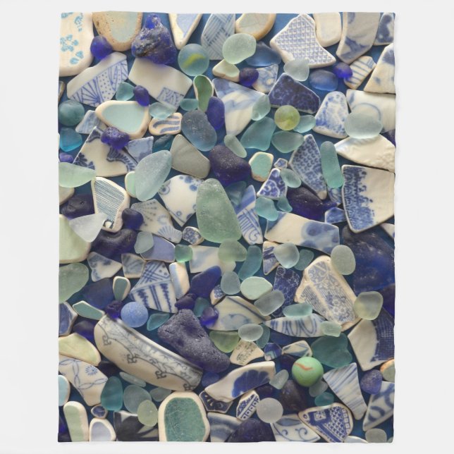 Sea glass, beach glass pottery blue aqua green fleece blanket (Front)