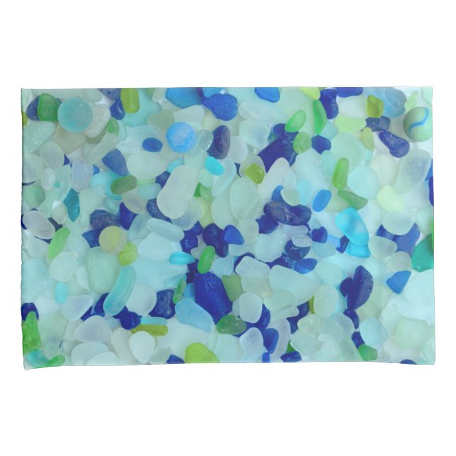 Sea glass, beach pottery cobalt blue aqua green pillowcase (Front-Right)