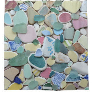 Sea glass, beach pottery, pastel blue green shower curtain