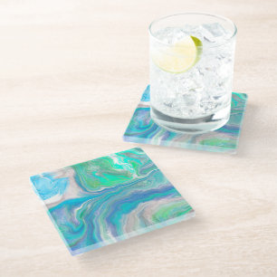 Sea Glass Blue and Green Marble Fluid Art Glass Coaster