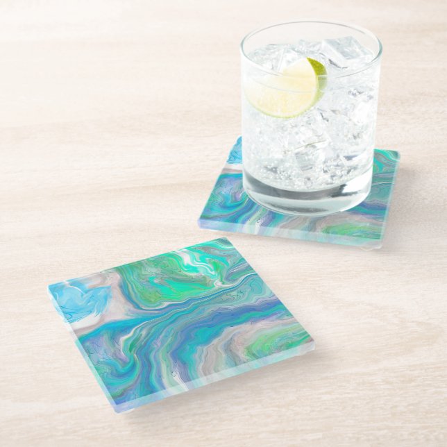 Sea Glass Blue and Green Marble Fluid Art    Glass Coaster (Angled)