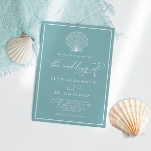 Sea Glass Blue Elegant Beach Seashell Wedding Invitation