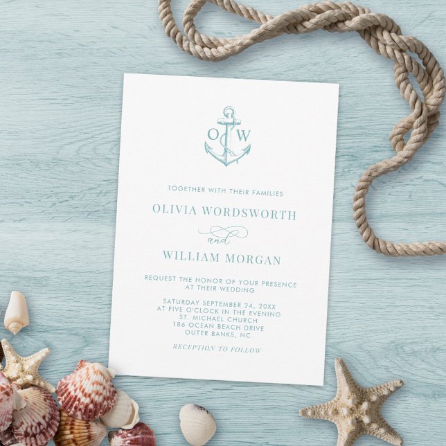 Sea Glass Blue Nautical Anchor Monogram Wedding Invitation (Creator Uploaded)