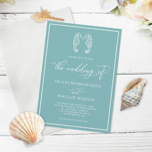 Sea Glass Blue Seahorse Coastal Beach Wedding Invitation