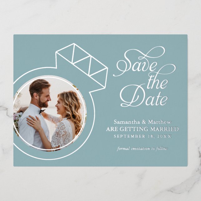  Sea Glass Blue Wedding Save the Date Photo Foil Invitation Postcard (Front)