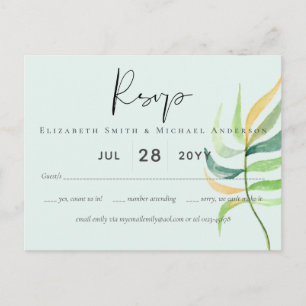Sea Glass Green Blue Tropical Leaf Wedding Postcard