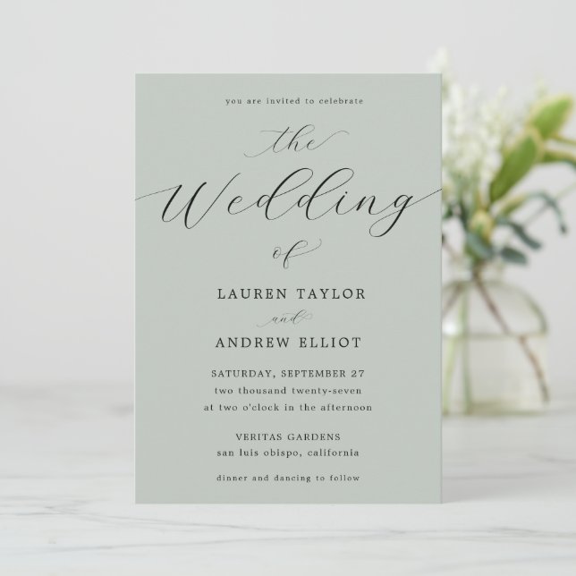 Sea Glass Green Script Elegant Modern Wedding Invitation (Standing Front)