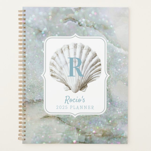 Sea Glass Green Shell Monogram Planner (Front)