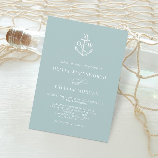 Sea Glass Nautical Monogram Anchor Minimal Wedding Invitation (Creator Uploaded)